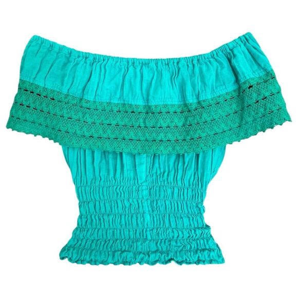 Boho Embroidered Gauze Off The Shoulder Top Peasant Turquoise Mexican Campesina - Picture 2 of 10